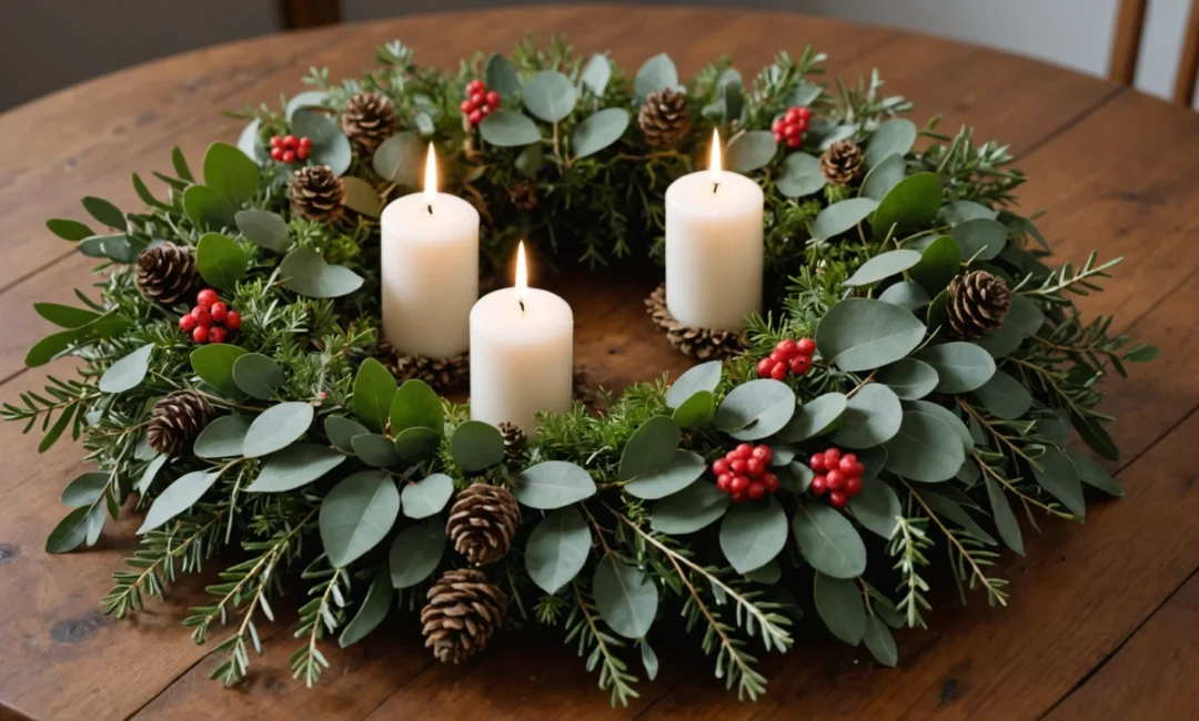 couronne de l'avent avec eucalyptus et sapin